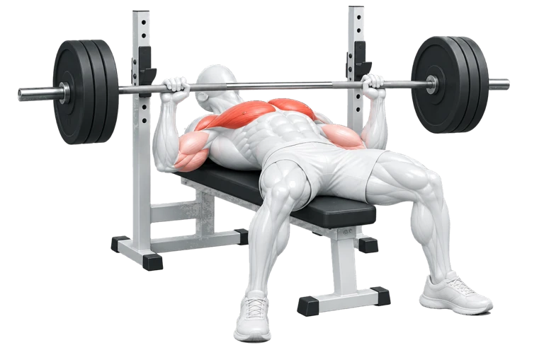 White Chisel figure performing a bench press with coral chest muscles