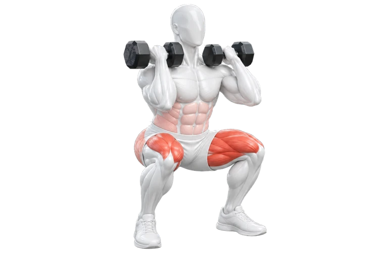 White Chisel figure performing a two-dumbbell front squat, with coral quadriceps